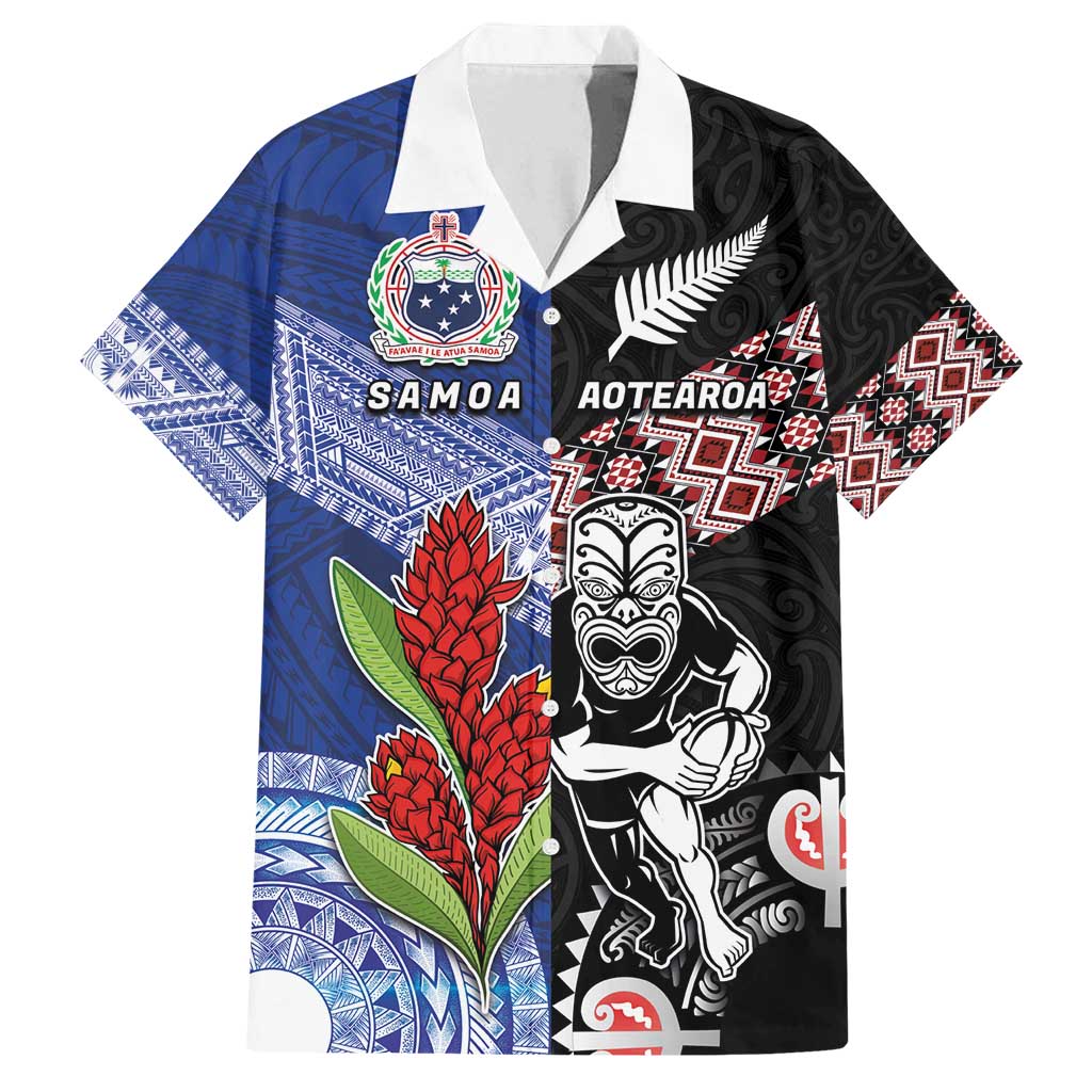 Custom Aotearoa and Samoa Rugby Family Matching Off Shoulder Maxi Dress and Hawaiian Shirt Maori Warrior and Teuila Emblem-Tatau with Taniko Art LT03 Dad's Shirt - Short Sleeve Black - Polynesian Pride