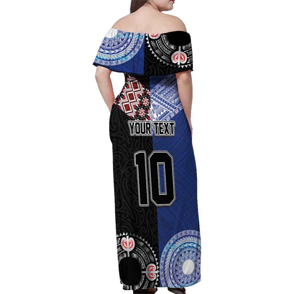Custom Aotearoa and Samoa Rugby Family Matching Off Shoulder Maxi Dress and Hawaiian Shirt Maori Warrior and Teuila Emblem-Tatau with Taniko Art LT03 - Polynesian Pride