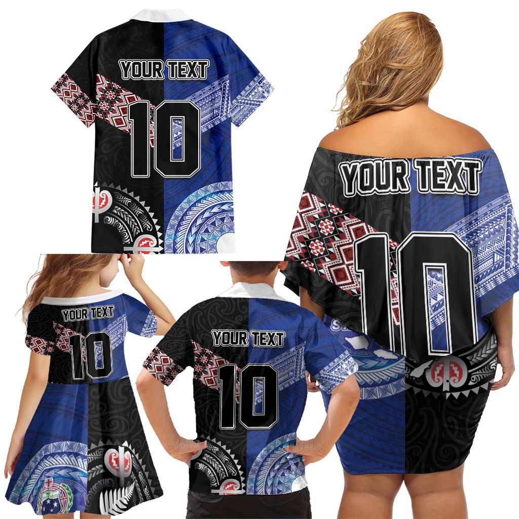 Custom Aotearoa and Samoa Rugby Family Matching Off Shoulder Short Dress and Hawaiian Shirt Maori Warrior and Teuila Emblem-Tatau with Taniko Art LT03 - Polynesian Pride