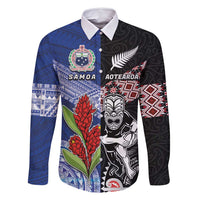 Custom Aotearoa and Samoa Rugby Family Matching Off Shoulder Short Dress and Hawaiian Shirt Maori Warrior and Teuila Emblem-Tatau with Taniko Art LT03 Dad's Shirt - Long Sleeve Black - Polynesian Pride