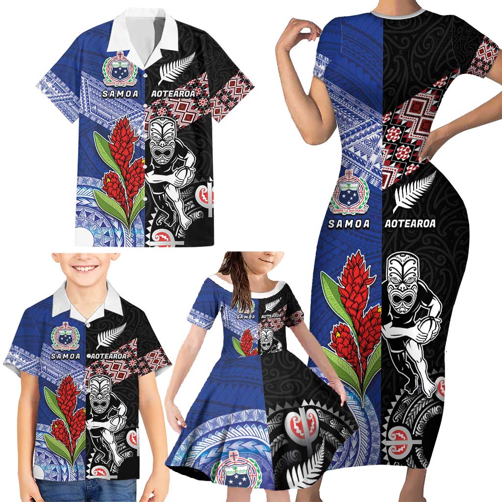 Custom Aotearoa and Samoa Rugby Family Matching Short Sleeve Bodycon Dress and Hawaiian Shirt Maori Warrior and Teuila Emblem-Tatau with Taniko Art LT03 - Polynesian Pride
