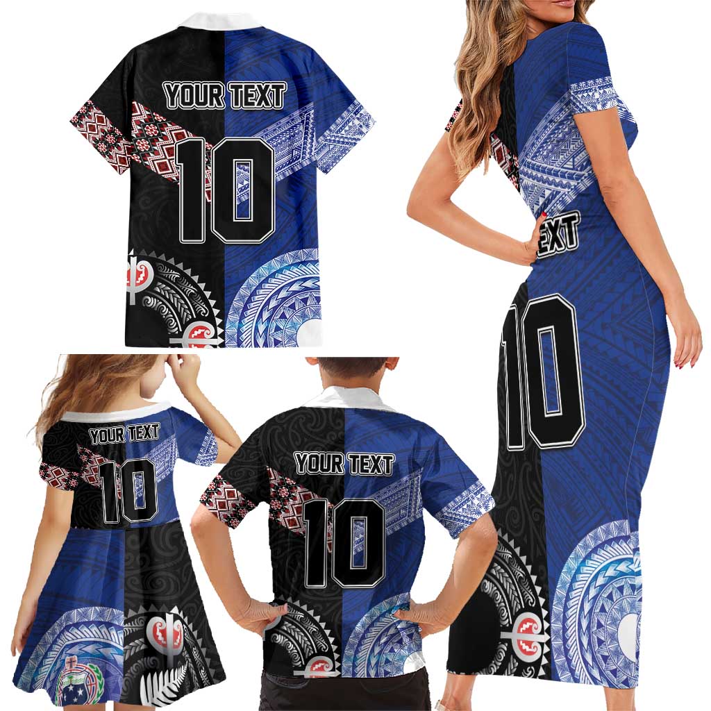 Custom Aotearoa and Samoa Rugby Family Matching Short Sleeve Bodycon Dress and Hawaiian Shirt Maori Warrior and Teuila Emblem-Tatau with Taniko Art LT03 - Polynesian Pride