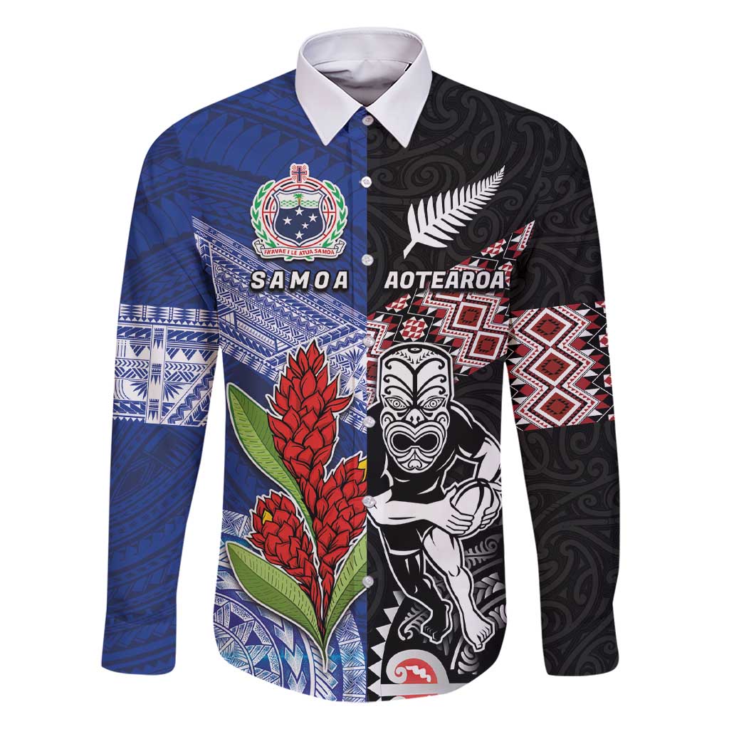 Custom Aotearoa and Samoa Rugby Family Matching Short Sleeve Bodycon Dress and Hawaiian Shirt Maori Warrior and Teuila Emblem-Tatau with Taniko Art LT03 Dad's Shirt - Long Sleeve Black - Polynesian Pride
