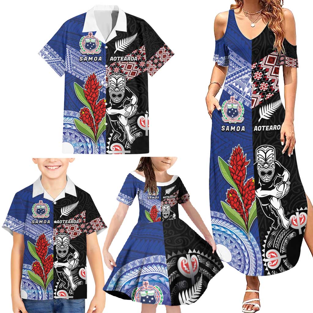 Custom Aotearoa and Samoa Rugby Family Matching Summer Maxi Dress and Hawaiian Shirt Maori Warrior and Teuila Emblem-Tatau with Taniko Art LT03 - Polynesian Pride