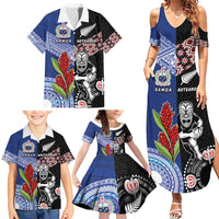 Custom Aotearoa and Samoa Rugby Family Matching Summer Maxi Dress and Hawaiian Shirt Maori Warrior and Teuila Emblem-Tatau with Taniko Art LT03 - Polynesian Pride