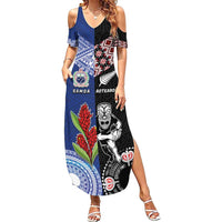Custom Aotearoa and Samoa Rugby Family Matching Summer Maxi Dress and Hawaiian Shirt Maori Warrior and Teuila Emblem-Tatau with Taniko Art LT03 Mom's Dress Black - Polynesian Pride