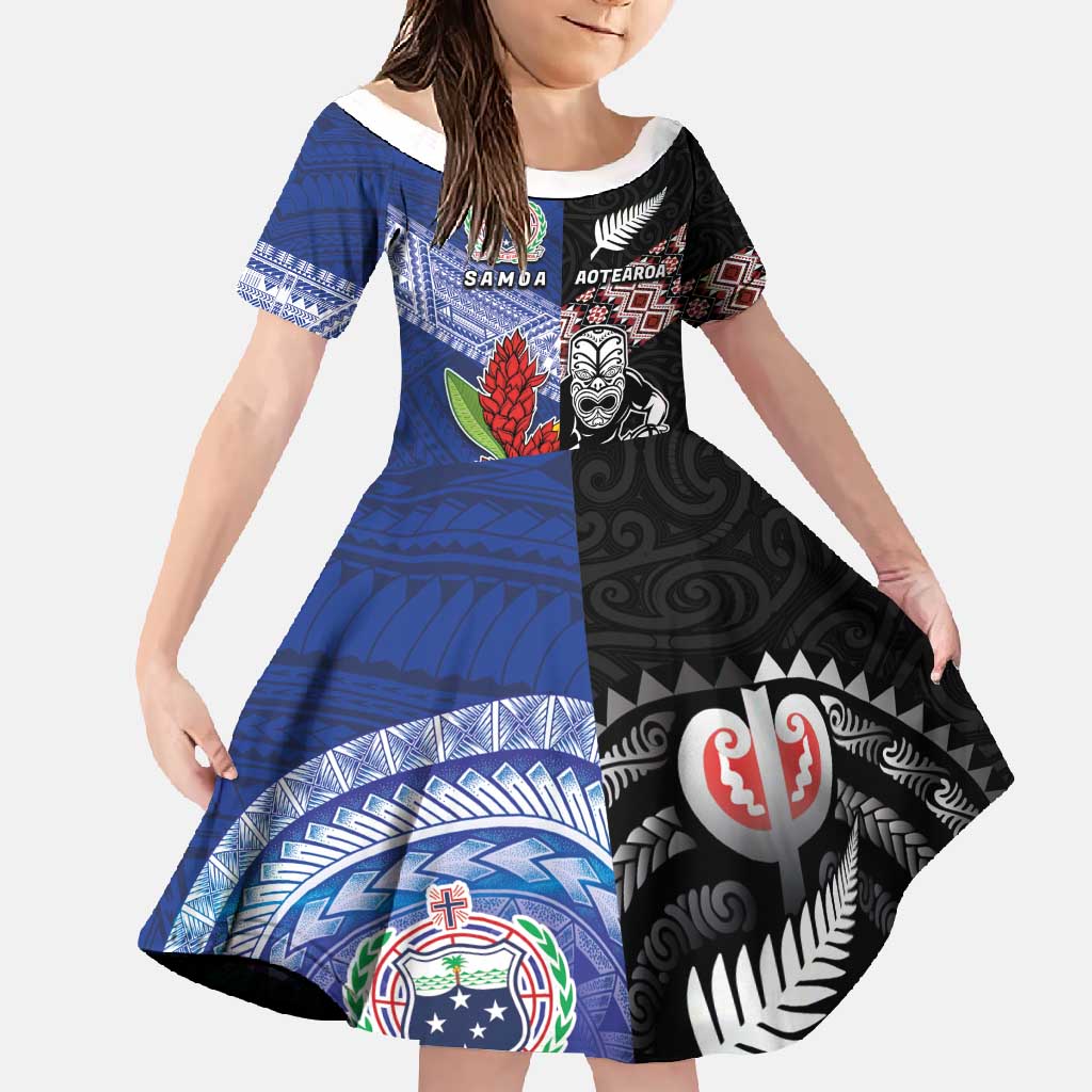 Custom Aotearoa and Samoa Rugby Family Matching Tank Maxi Dress and Hawaiian Shirt Maori Warrior and Teuila Emblem-Tatau with Taniko Art LT03 Daughter's Dress Black - Polynesian Pride