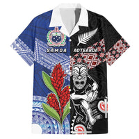 Custom Aotearoa and Samoa Rugby Family Matching Tank Maxi Dress and Hawaiian Shirt Maori Warrior and Teuila Emblem-Tatau with Taniko Art LT03 Dad's Shirt - Short Sleeve Black - Polynesian Pride