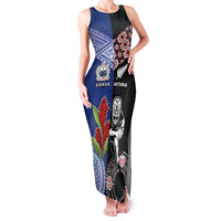 Custom Aotearoa and Samoa Rugby Family Matching Tank Maxi Dress and Hawaiian Shirt Maori Warrior and Teuila Emblem-Tatau with Taniko Art LT03 Mom's Dress Black - Polynesian Pride