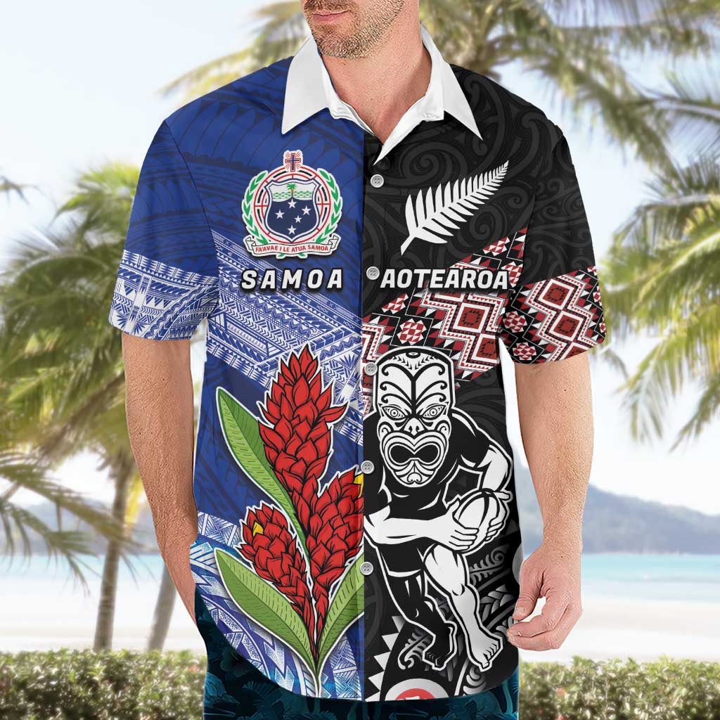 Custom Aotearoa and Samoa Rugby Hawaiian Shirt Maori Warrior and Teuila Emblem-Tatau with Taniko Art LT03 - Polynesian Pride
