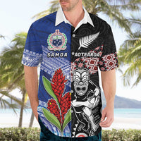 Custom Aotearoa and Samoa Rugby Hawaiian Shirt Maori Warrior and Teuila Emblem-Tatau with Taniko Art LT03 - Polynesian Pride