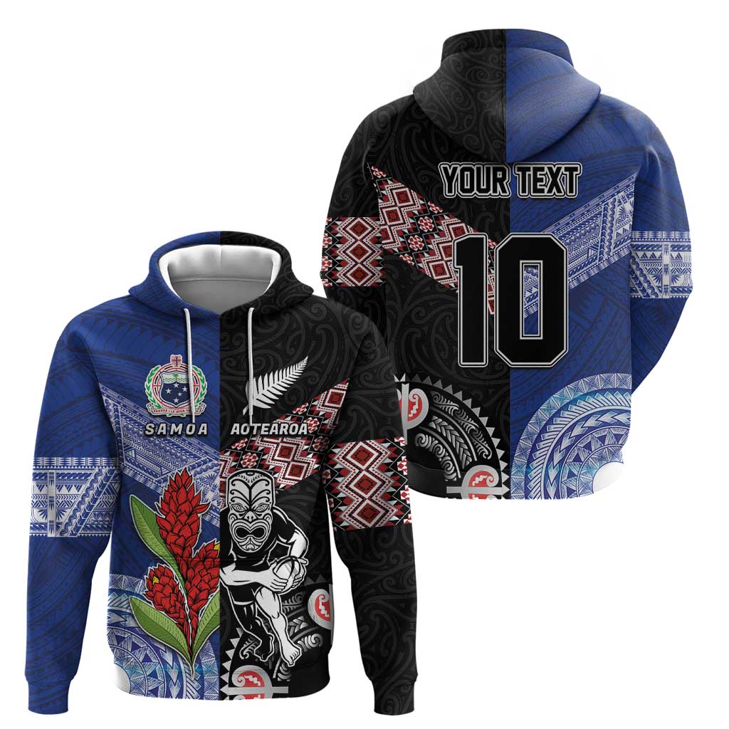 Custom Aotearoa and Samoa Rugby Hoodie Maori Warrior and Teuila Emblem-Tatau with Taniko Art