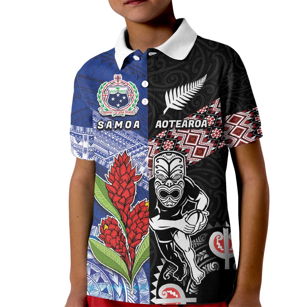 Custom Aotearoa and Samoa Rugby Kid Polo Shirt Maori Warrior and Teuila Emblem-Tatau with Taniko Art LT03 Kid Black - Polynesian Pride