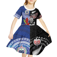 Custom Aotearoa and Samoa Rugby Kid Short Sleeve Dress Maori Warrior and Teuila Emblem-Tatau with Taniko Art LT03 - Polynesian Pride