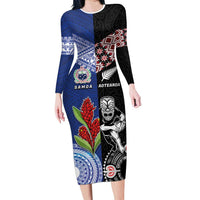 Custom Aotearoa and Samoa Rugby Long Sleeve Bodycon Dress Maori Warrior and Teuila Emblem-Tatau with Taniko Art LT03 Long Dress Black - Polynesian Pride