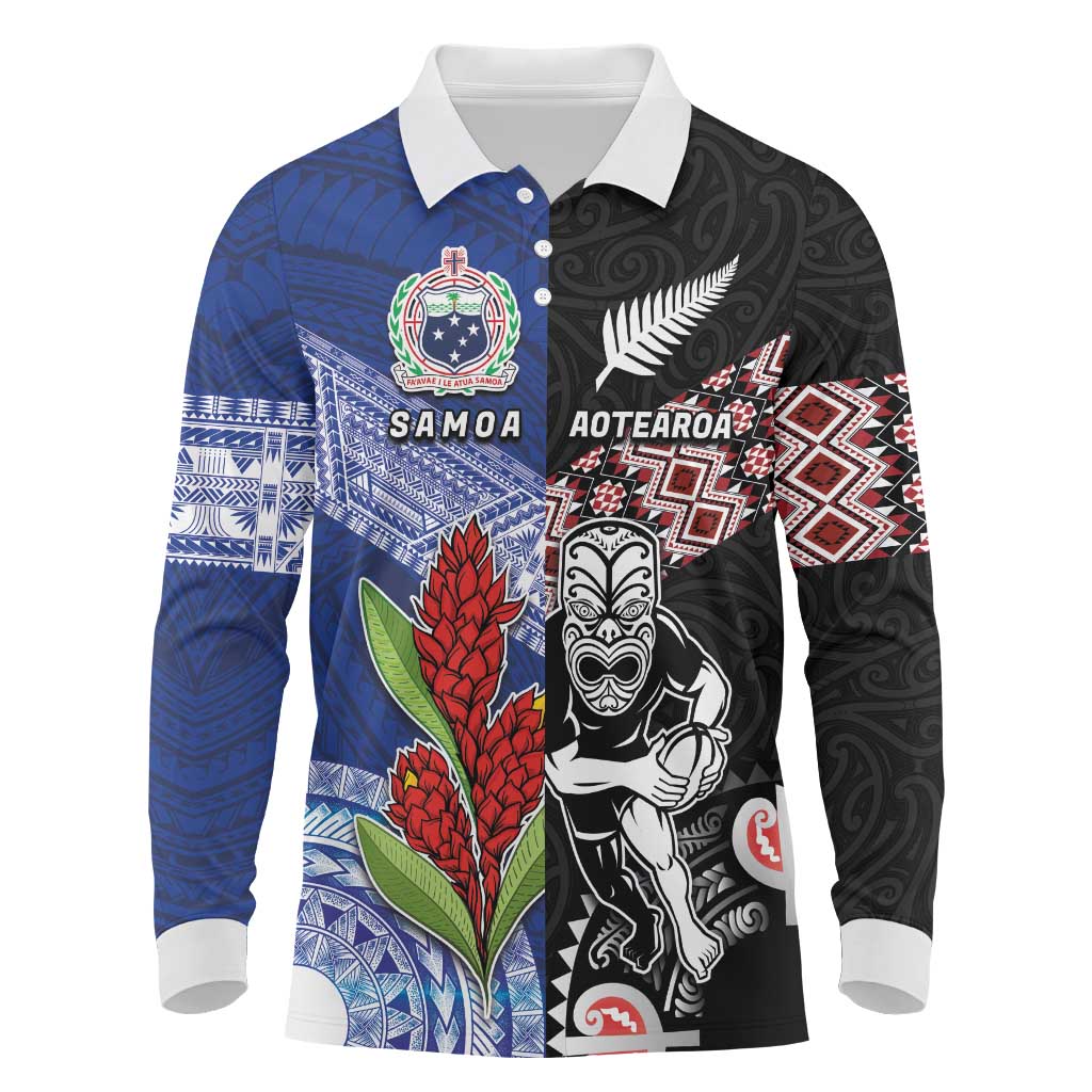 Custom Aotearoa and Samoa Rugby Long Sleeve Polo Shirt Maori Warrior and Teuila Emblem-Tatau with Taniko Art LT03 Black - Polynesian Pride