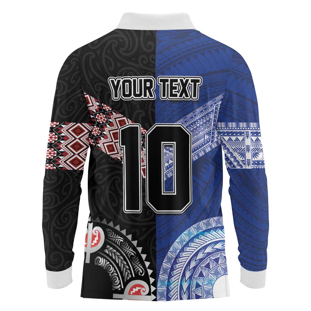 Custom Aotearoa and Samoa Rugby Long Sleeve Polo Shirt Maori Warrior and Teuila Emblem-Tatau with Taniko Art LT03 - Polynesian Pride