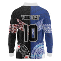 Custom Aotearoa and Samoa Rugby Long Sleeve Polo Shirt Maori Warrior and Teuila Emblem-Tatau with Taniko Art LT03 - Polynesian Pride
