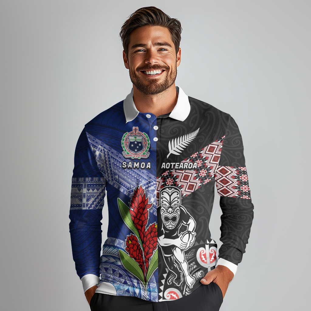 Custom Aotearoa and Samoa Rugby Long Sleeve Polo Shirt Maori Warrior and Teuila Emblem-Tatau with Taniko Art LT03 - Polynesian Pride