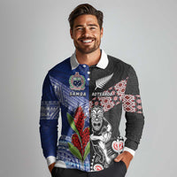 Custom Aotearoa and Samoa Rugby Long Sleeve Polo Shirt Maori Warrior and Teuila Emblem-Tatau with Taniko Art LT03 - Polynesian Pride