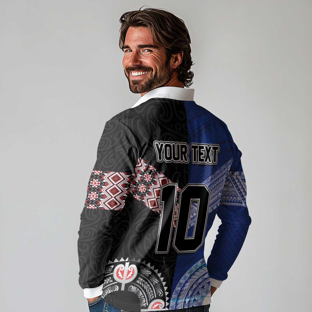 Custom Aotearoa and Samoa Rugby Long Sleeve Polo Shirt Maori Warrior and Teuila Emblem-Tatau with Taniko Art LT03 - Polynesian Pride