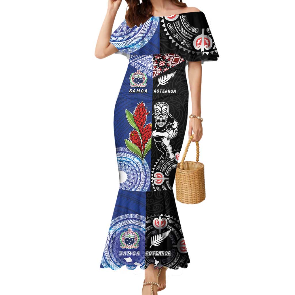 Custom Aotearoa and Samoa Rugby Mermaid Dress Maori Warrior and Teuila Emblem-Tatau with Taniko Art LT03 Women Black - Polynesian Pride