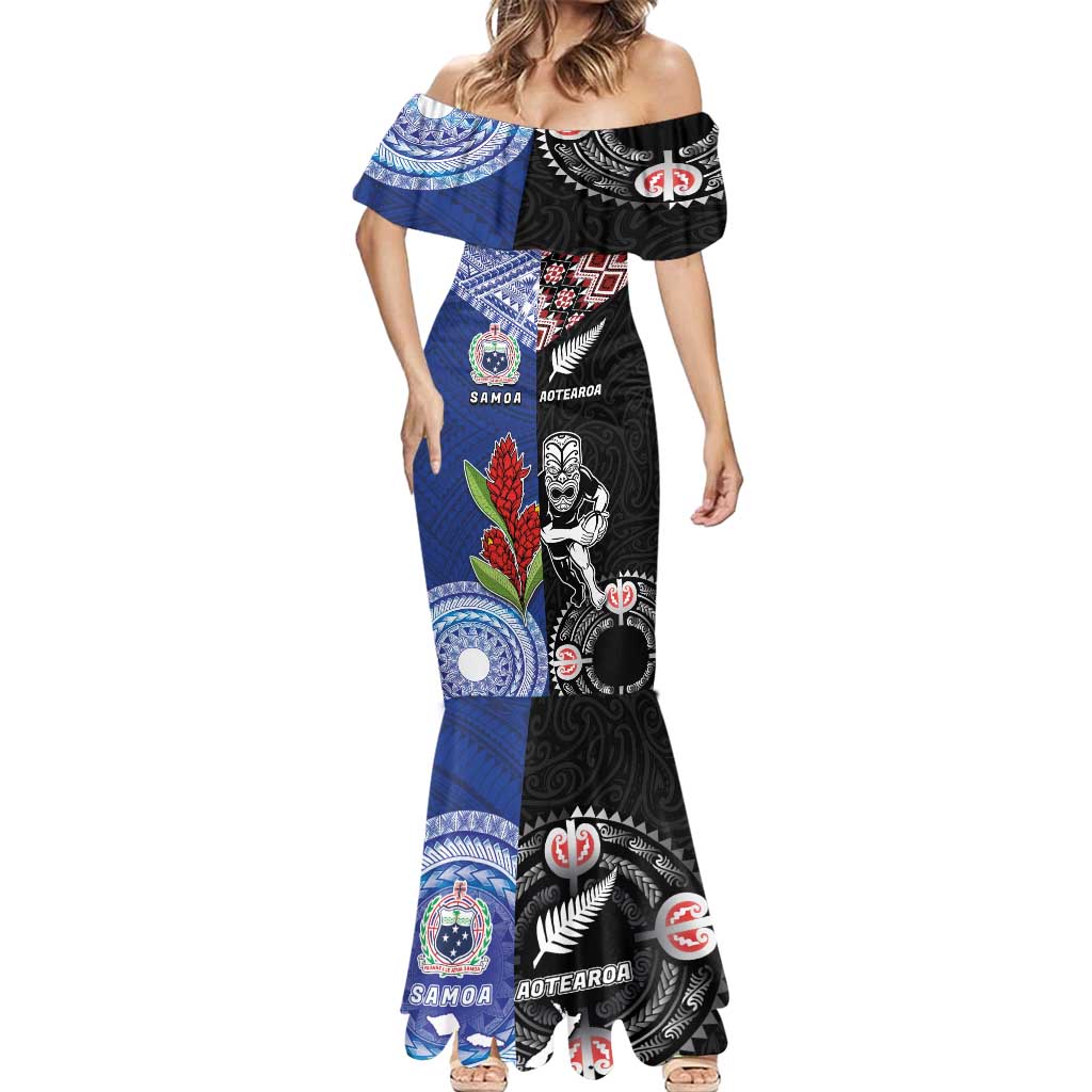 Custom Aotearoa and Samoa Rugby Mermaid Dress Maori Warrior and Teuila Emblem-Tatau with Taniko Art LT03 - Polynesian Pride