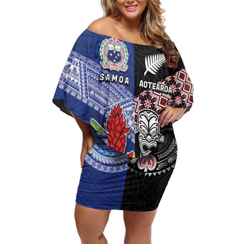 Custom Aotearoa and Samoa Rugby Off Shoulder Short Dress Maori Warrior and Teuila Emblem-Tatau with Taniko Art LT03 Women Black - Polynesian Pride