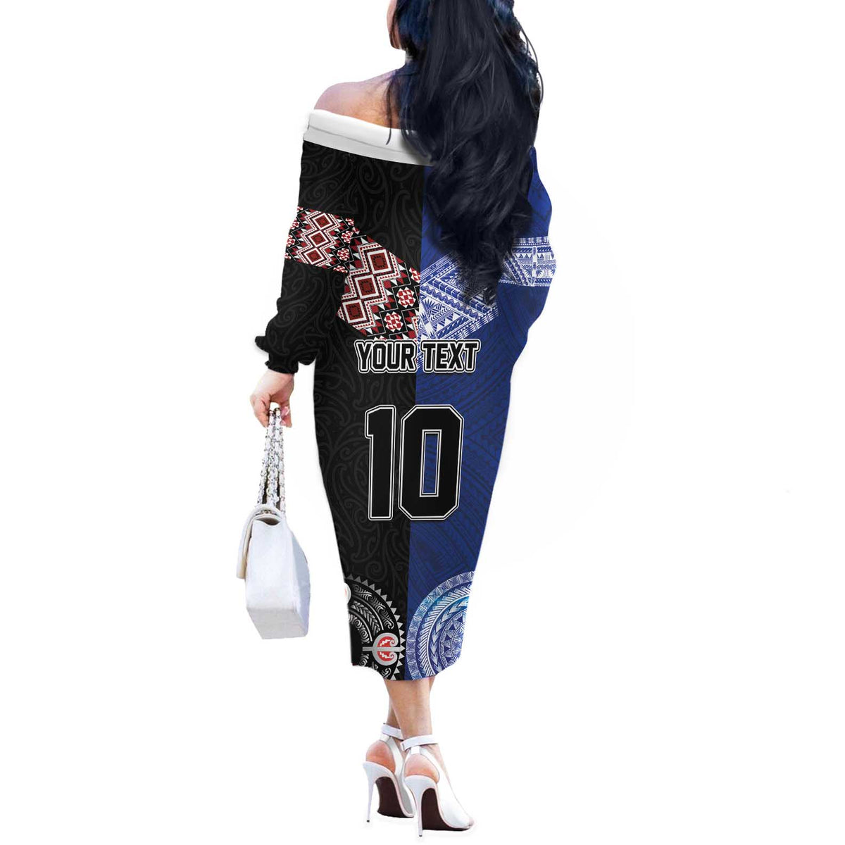 Custom Aotearoa and Samoa Rugby Off The Shoulder Long Sleeve Dress Maori Warrior and Teuila Emblem-Tatau with Taniko Art LT03 - Polynesian Pride