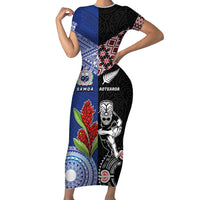 Custom Aotearoa and Samoa Rugby Short Sleeve Bodycon Dress Maori Warrior and Teuila Emblem-Tatau with Taniko Art LT03 Long Dress Black - Polynesian Pride