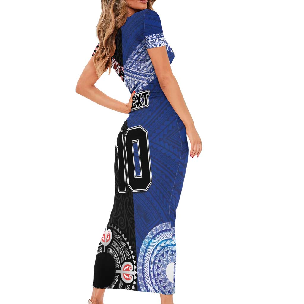 Custom Aotearoa and Samoa Rugby Short Sleeve Bodycon Dress Maori Warrior and Teuila Emblem-Tatau with Taniko Art LT03 - Polynesian Pride