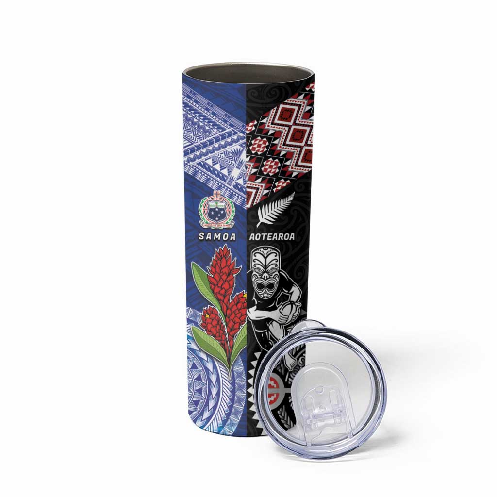 Custom Aotearoa and Samoa Rugby Skinny Tumbler Maori Warrior and Teuila Emblem-Tatau with Taniko Art LT03 - Polynesian Pride