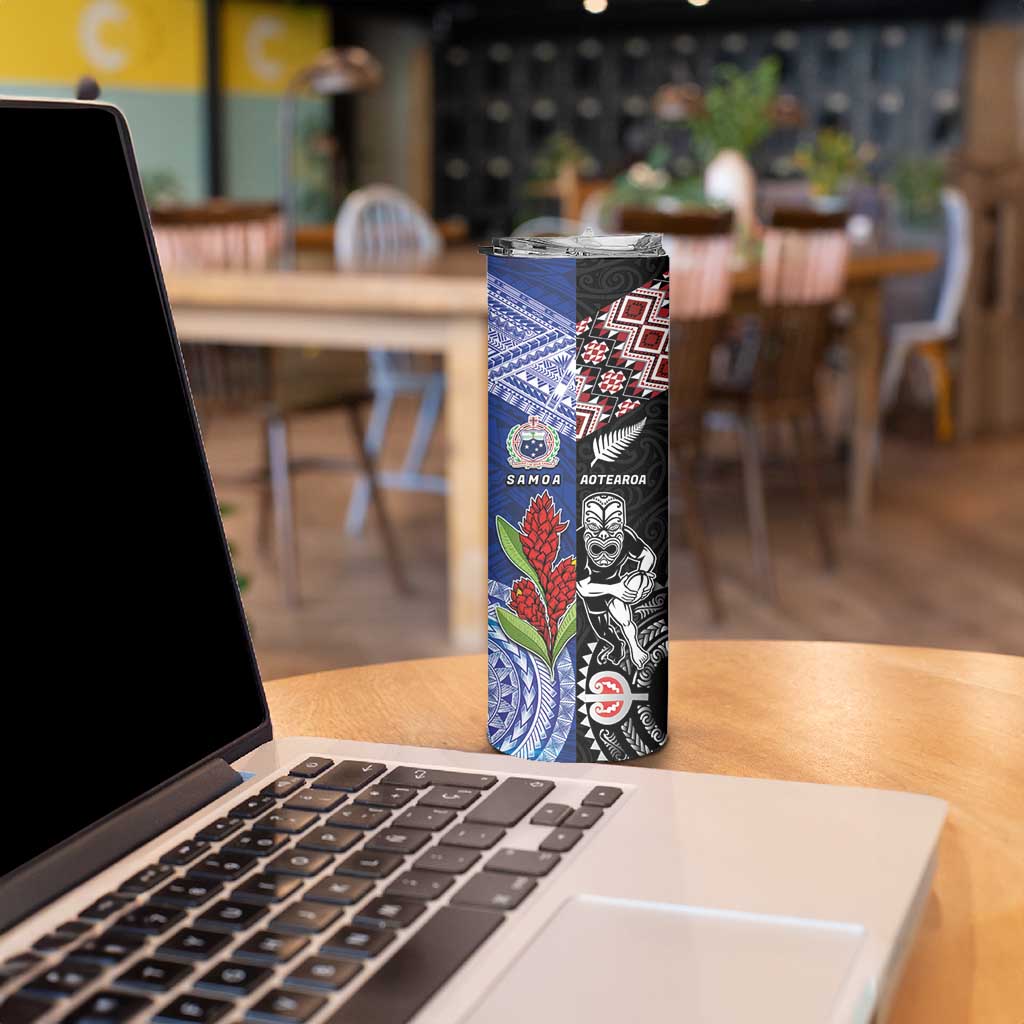 Custom Aotearoa and Samoa Rugby Skinny Tumbler Maori Warrior and Teuila Emblem-Tatau with Taniko Art LT03 - Polynesian Pride