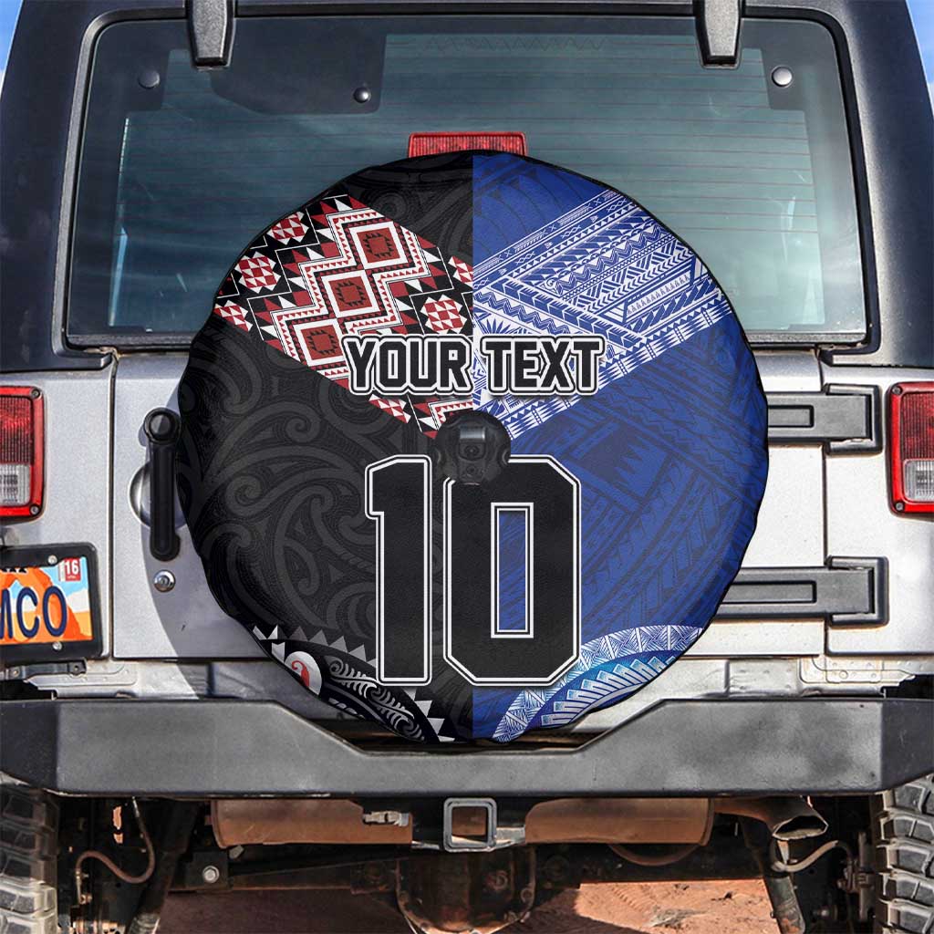 Custom Aotearoa and Samoa Rugby Spare Tire Cover Maori Warrior and Teuila Emblem-Tatau with Taniko Art LT03 Black - Polynesian Pride