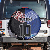 Custom Aotearoa and Samoa Rugby Spare Tire Cover Maori Warrior and Teuila Emblem-Tatau with Taniko Art LT03 Black - Polynesian Pride