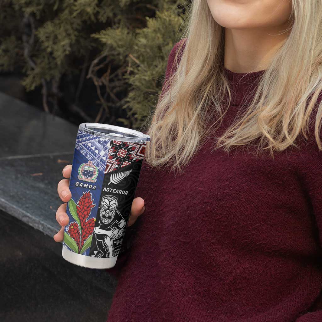 Custom Aotearoa and Samoa Rugby Tumbler Cup Maori Warrior and Teuila Emblem-Tatau with Taniko Art