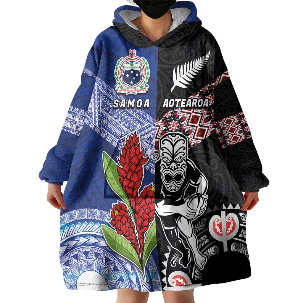 Custom Aotearoa and Samoa Rugby Wearable Blanket Hoodie Maori Warrior and Teuila Emblem-Tatau with Taniko Art