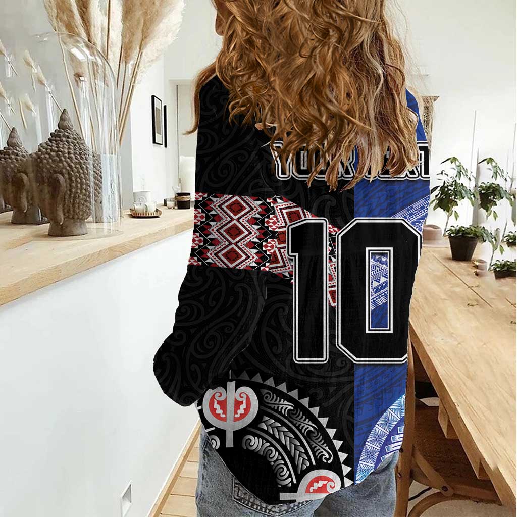 Custom Aotearoa and Samoa Rugby Women Casual Shirt Maori Warrior and Teuila Emblem-Tatau with Taniko Art LT03 - Polynesian Pride