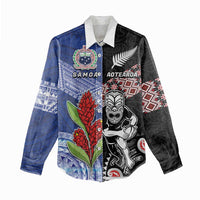 Custom Aotearoa and Samoa Rugby Women Casual Shirt Maori Warrior and Teuila Emblem-Tatau with Taniko Art LT03 - Polynesian Pride