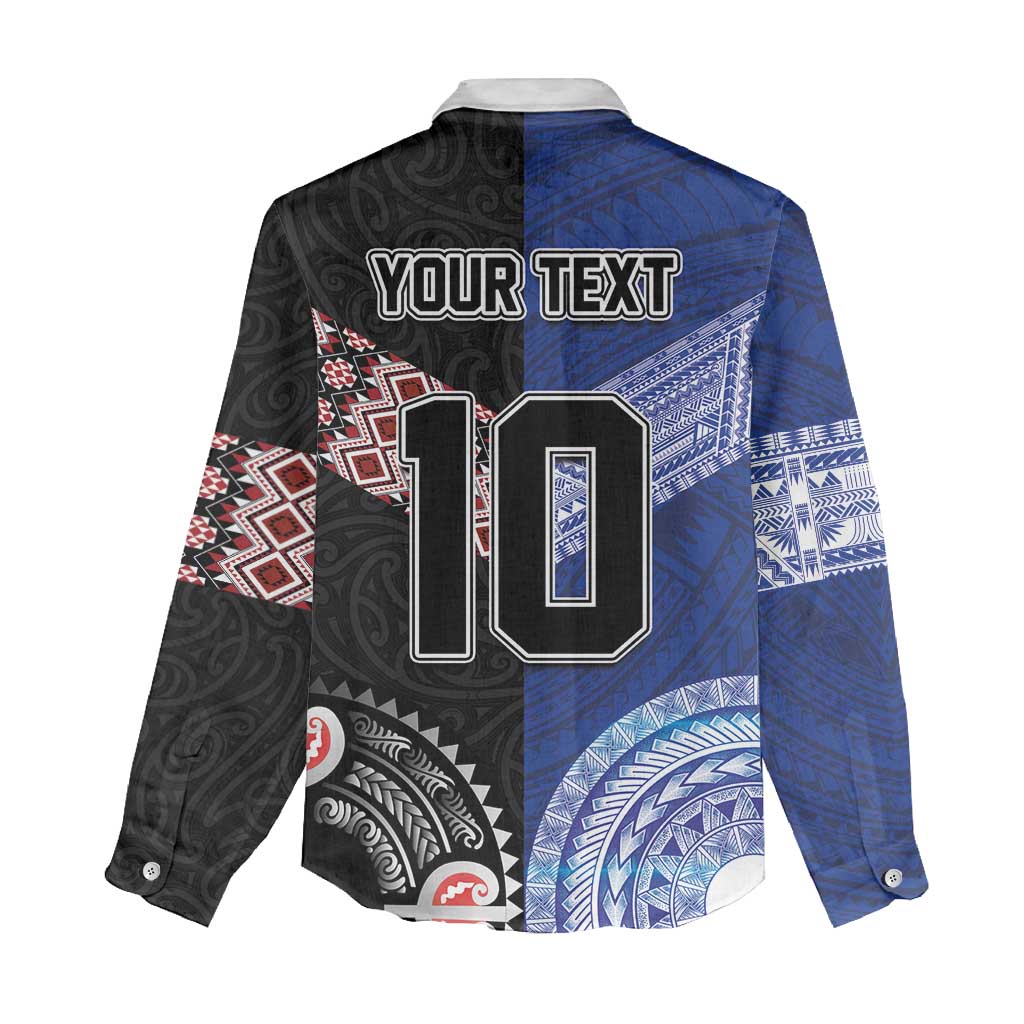 Custom Aotearoa and Samoa Rugby Women Casual Shirt Maori Warrior and Teuila Emblem-Tatau with Taniko Art LT03 - Polynesian Pride