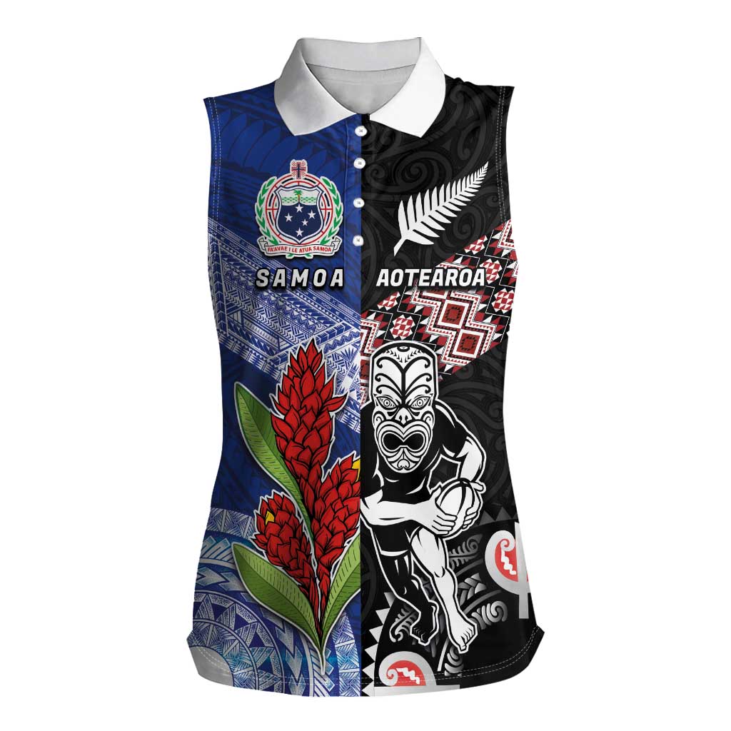 Custom Aotearoa and Samoa Rugby Women Sleeveless Polo Shirt Maori Warrior and Teuila Emblem-Tatau with Taniko Art LT03 Female Black - Polynesian Pride