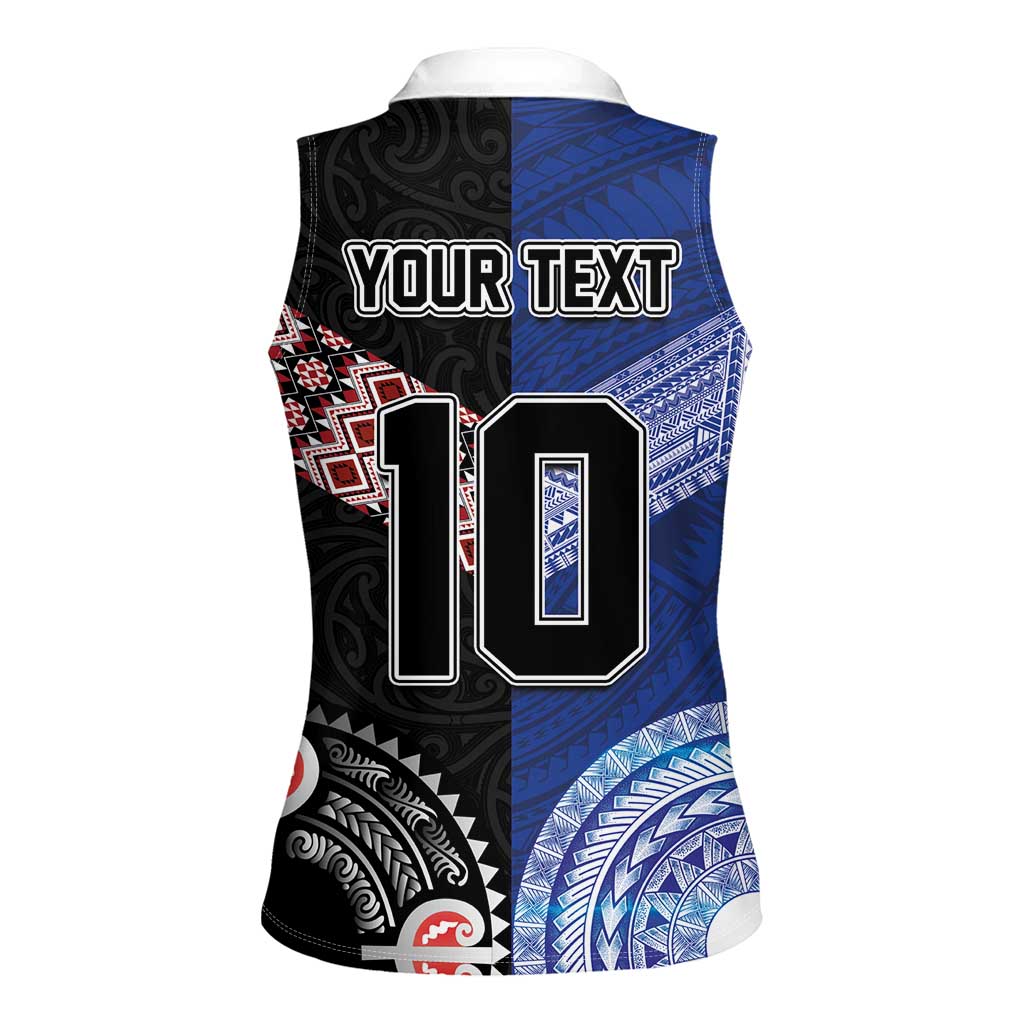 Custom Aotearoa and Samoa Rugby Women Sleeveless Polo Shirt Maori Warrior and Teuila Emblem-Tatau with Taniko Art LT03 - Polynesian Pride