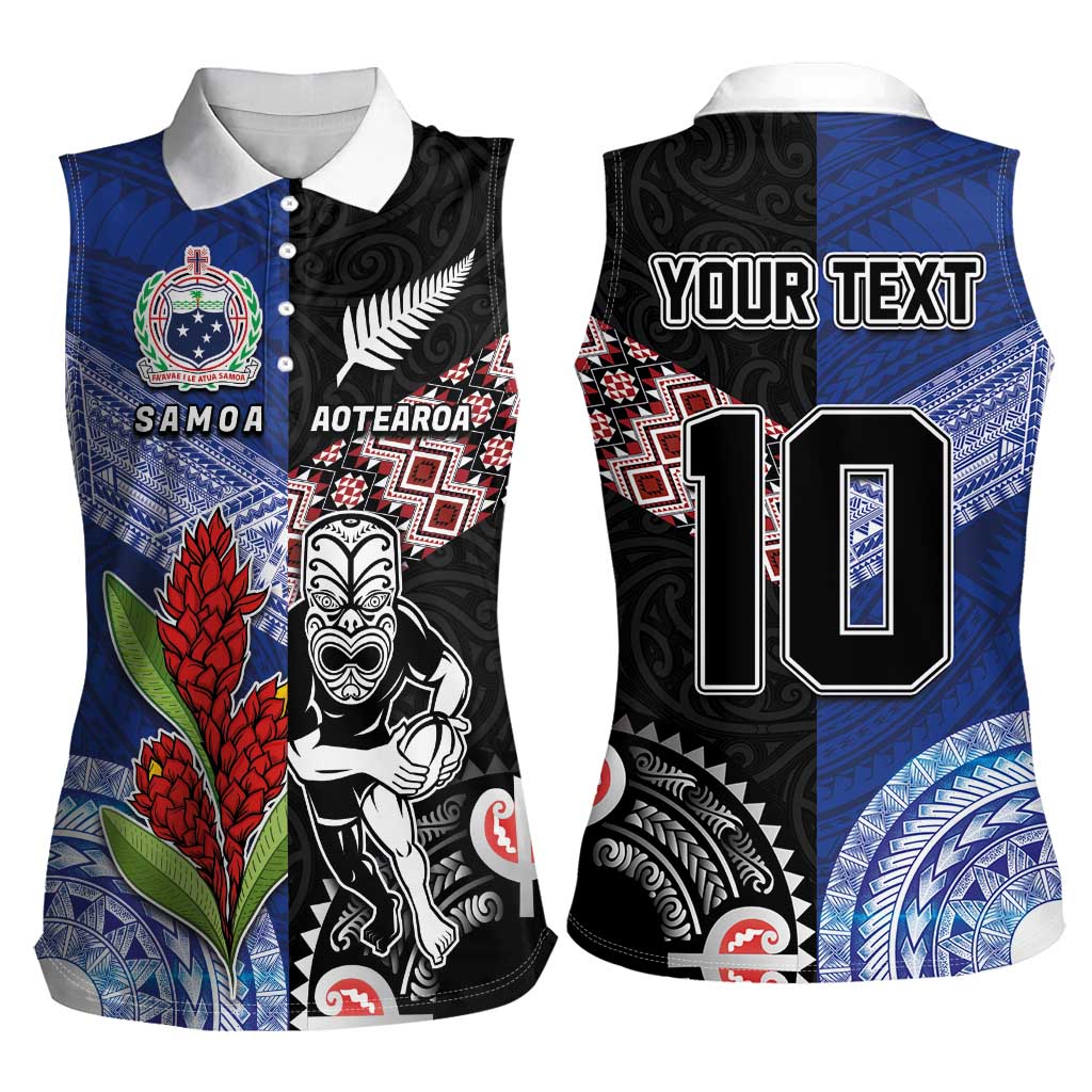 Custom Aotearoa and Samoa Rugby Women Sleeveless Polo Shirt Maori Warrior and Teuila Emblem-Tatau with Taniko Art LT03 - Polynesian Pride