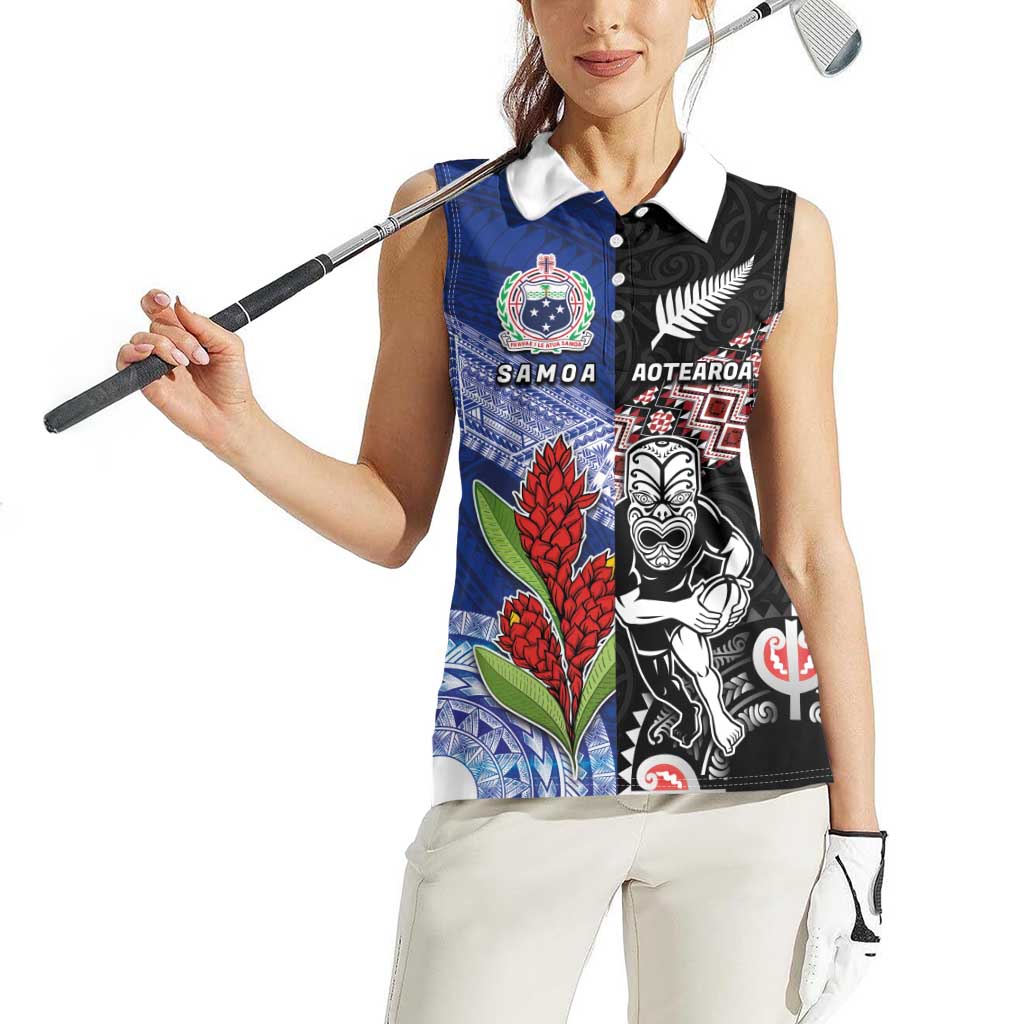 Custom Aotearoa and Samoa Rugby Women Sleeveless Polo Shirt Maori Warrior and Teuila Emblem-Tatau with Taniko Art LT03 - Polynesian Pride