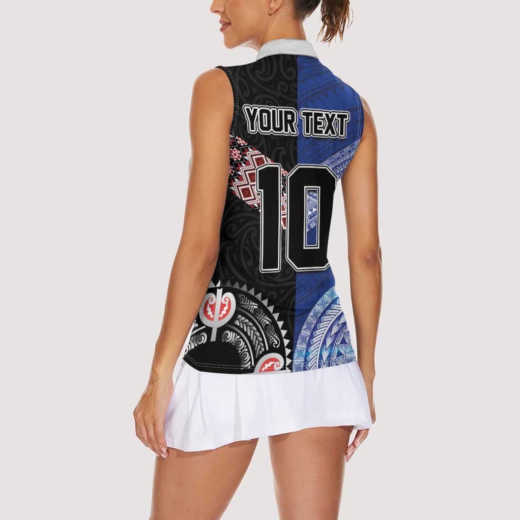 Custom Aotearoa and Samoa Rugby Women Sleeveless Polo Shirt Maori Warrior and Teuila Emblem-Tatau with Taniko Art LT03 - Polynesian Pride