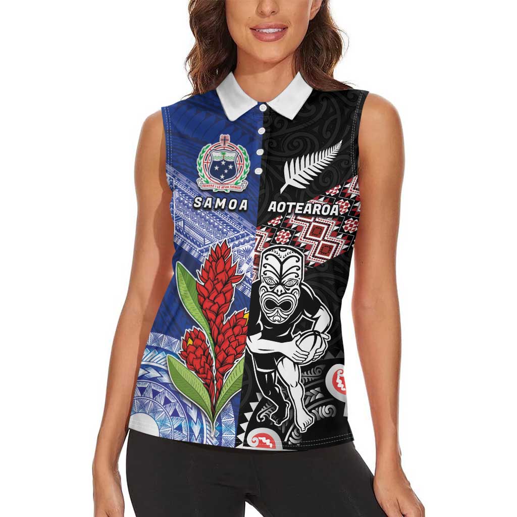 Custom Aotearoa and Samoa Rugby Women Sleeveless Polo Shirt Maori Warrior and Teuila Emblem-Tatau with Taniko Art LT03 - Polynesian Pride