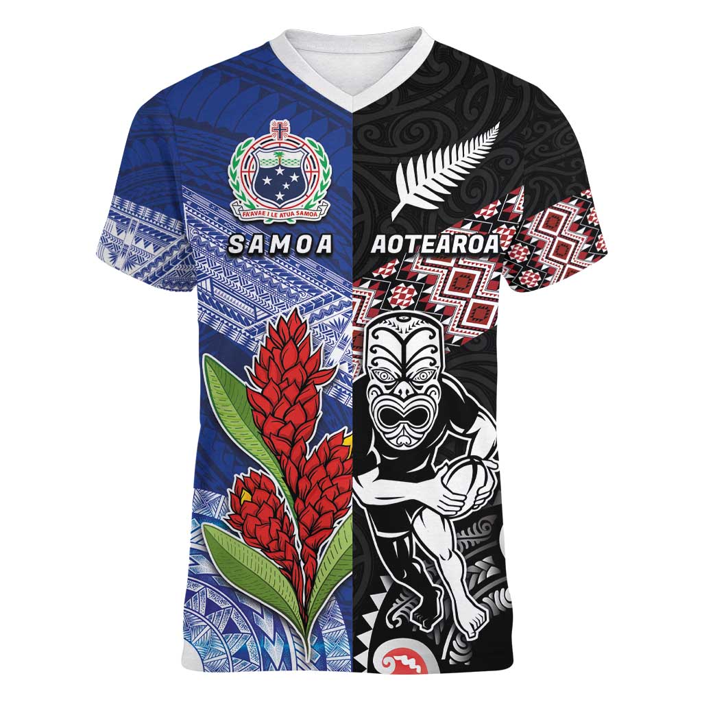 Custom Aotearoa and Samoa Rugby Women V-Neck T-Shirt Maori Warrior and Teuila Emblem-Tatau with Taniko Art LT03 Female Black - Polynesian Pride