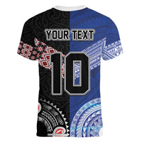 Custom Aotearoa and Samoa Rugby Women V-Neck T-Shirt Maori Warrior and Teuila Emblem-Tatau with Taniko Art LT03 - Polynesian Pride