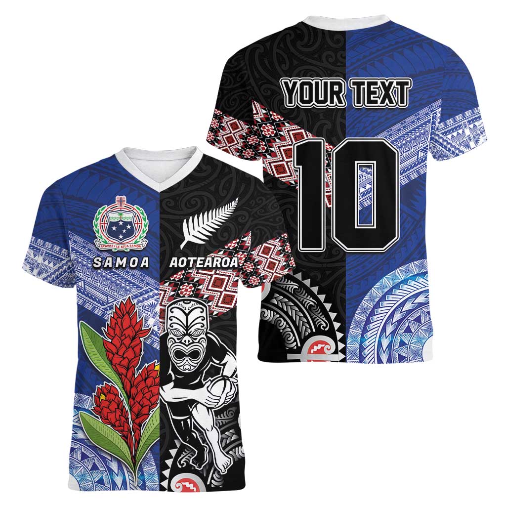 Custom Aotearoa and Samoa Rugby Women V-Neck T-Shirt Maori Warrior and Teuila Emblem-Tatau with Taniko Art LT03 - Polynesian Pride