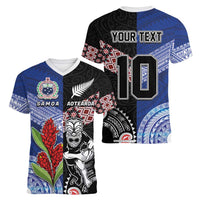 Custom Aotearoa and Samoa Rugby Women V-Neck T-Shirt Maori Warrior and Teuila Emblem-Tatau with Taniko Art LT03 - Polynesian Pride